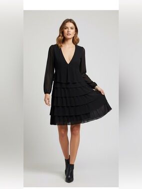 The Kooples Black Long Sleeve Tiered V Neck Dress